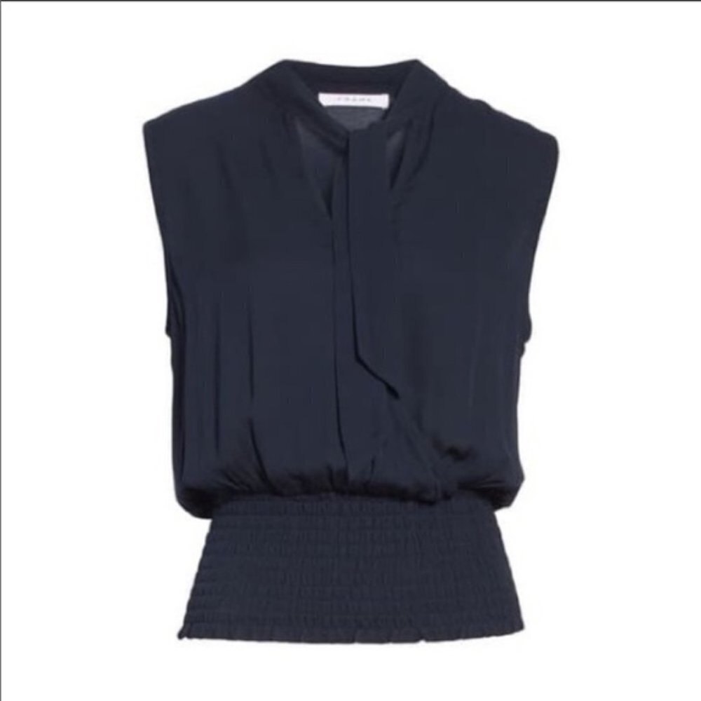 Frame Tie Neck Smock Hem Top In Dark Navy - Medium